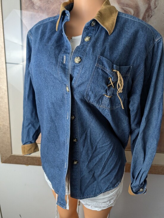 Koret Tops - Koret Blue Women Denim Shirt Jacket with Tan Corduroy Collar Size M